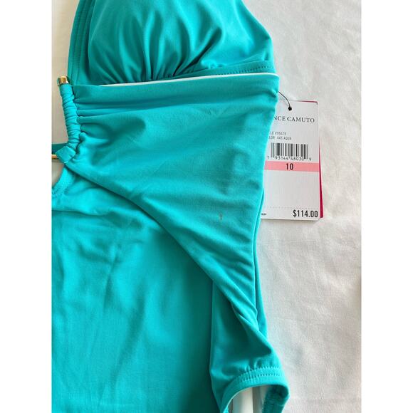 NWT Vince Camuto Swimsuit Halter Plunge Deep V One Piece Aqua Green Size 10 - Picture 7 of 11